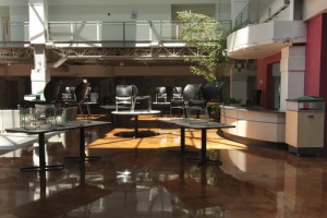 Atrium with stained concrete floors